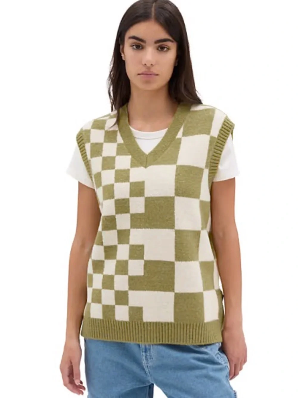 VANS Olive & Cream “Courtyard Checker” Vneck Sweater Vest size XS/SM relaxed fit